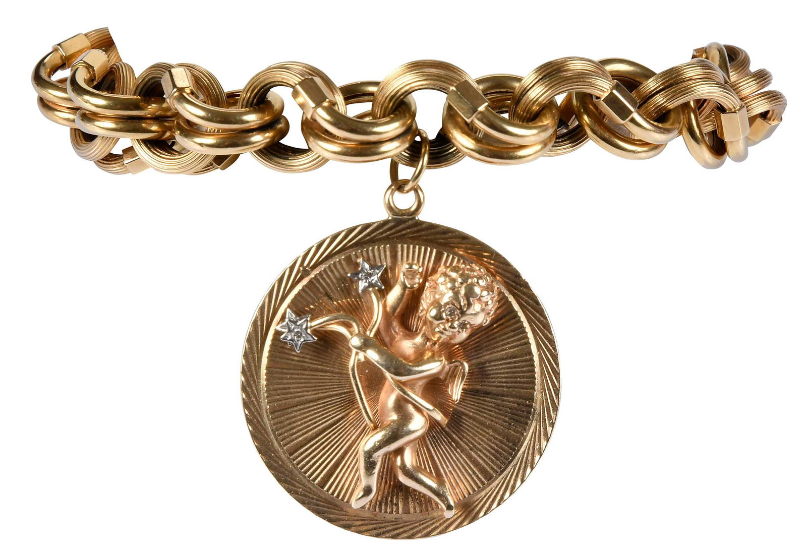 18kt. Fancy Double Link Charm Bracelet with 14kt. Charm: hollow textured and polished links, tests 18kt. yellow gold, 8 in. length, 13.5mm wide; circular cupid charm, three round single cut diamonds, marked "14K", yellow gold, 1-3/8 in. diameter; total weig