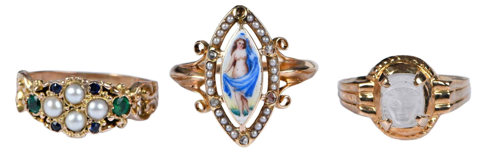 Three 14kt. Victorian Rings, Moonstone, Multi Gemstone with Pearls and Nymph Rings (1 of 8)