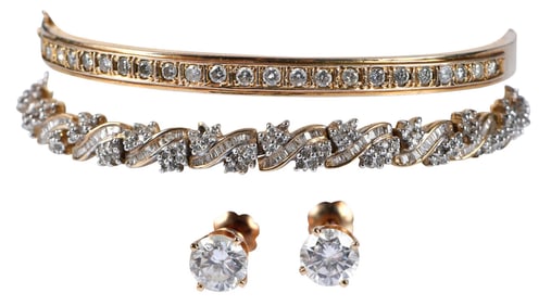Two Gold Diamond Bracelets and Earrings