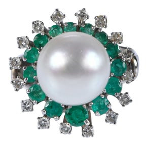14kt. Antique Pearl, Emerald, and Diamond Cocktail Ring