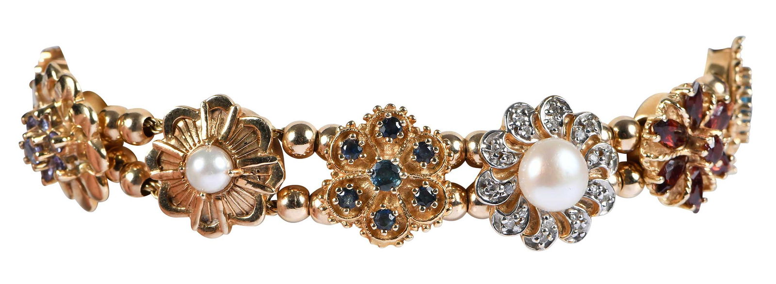 14kt. Pearl and Gemstone Slide Charm Bracelet: comprising: 11 charms, assortment of shapes and sizes, approx. 11.0 - 16.0mm, diamond, garnet, opal, citrine, blue sapphire, cameo, amethyst, and pearls, all marked "14Kt" yellow gold; bracelet marked