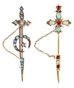 15kt. Opal and Ruby Jabot Pin and Opal and Ruby Jabot Style Pin