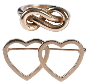 14kt. Love Knot Ring and Double Heart Brooch