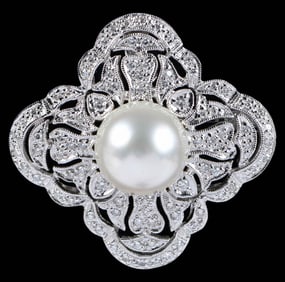 18kt. Open Work Pearl and Diamond Brooch