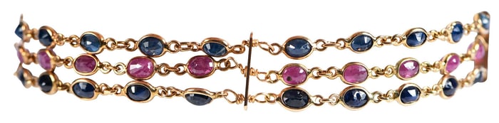 14kt. Three Strand Ruby and Blue Sapphire Bracelet