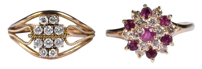 Two 14kt. Diamond and Diamond with Ruby Fashion Rings