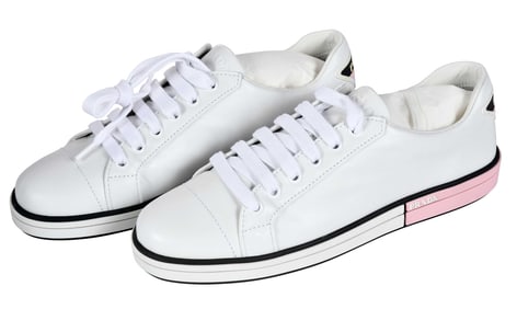 Prada White and Pink Leather Low Top Sneakers