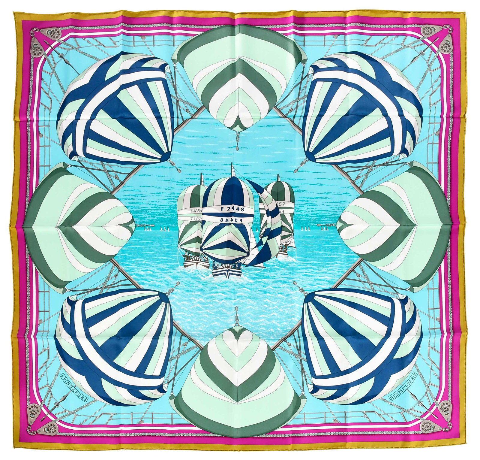 Hermes Spinnakers Silk Scarf: France, designed by Julie Abadie, tag reads "Made in France/100% silk/Dry clean only", 35-1/2 x 34 in. Provenance: Private Collection Florida