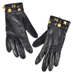 Hermes Studded Black Lambskin Gloves