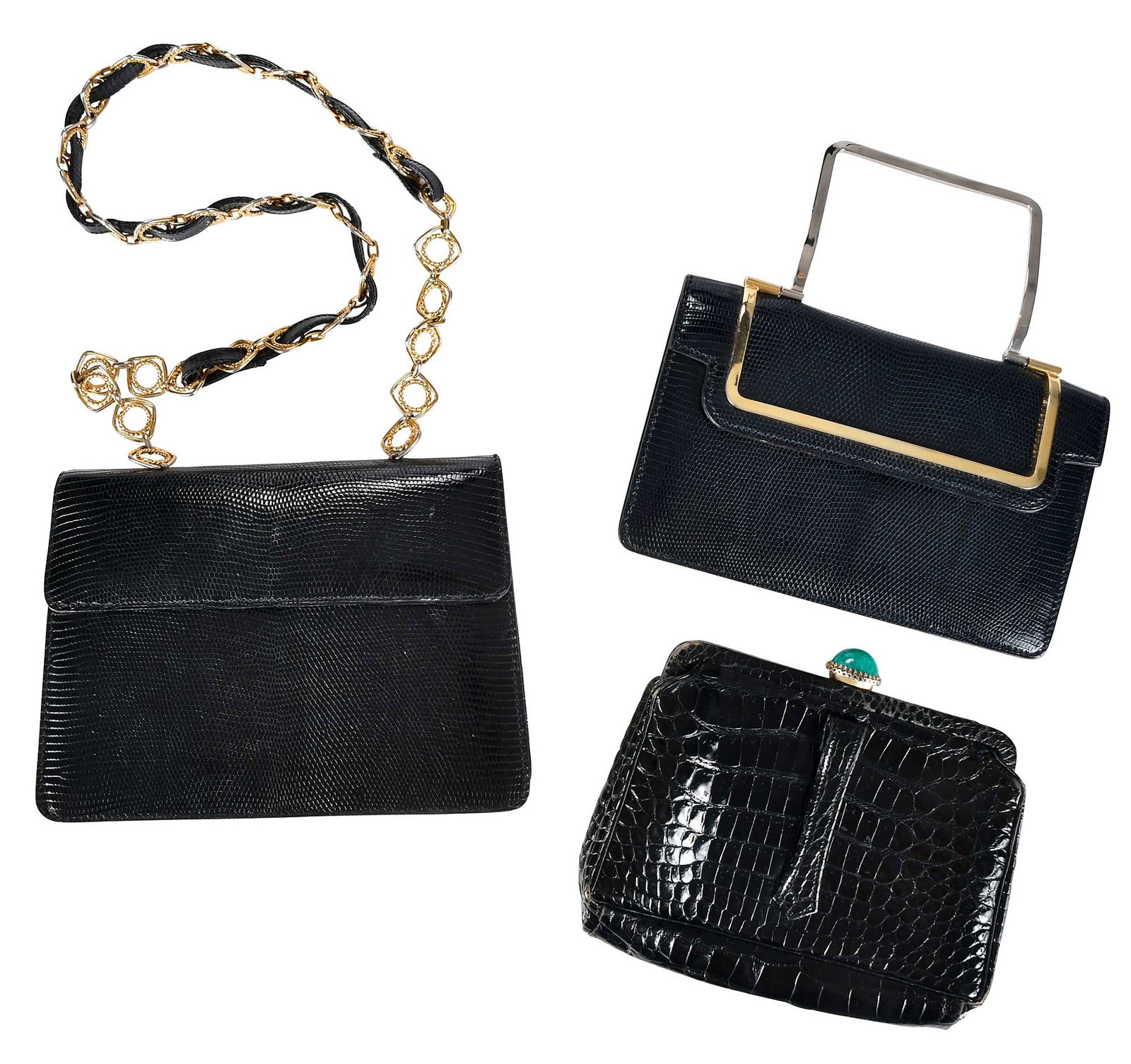 Three Jacomo Exotic Leather Bags and Clutches: mid to late 20th century, comprising: black crocodile clutch; navy lizardskin clutch; black lizardskin cross body bag; largest 6-1/2 x 9 x 2 in., strap drop 16 in. Provenance: Private Collection