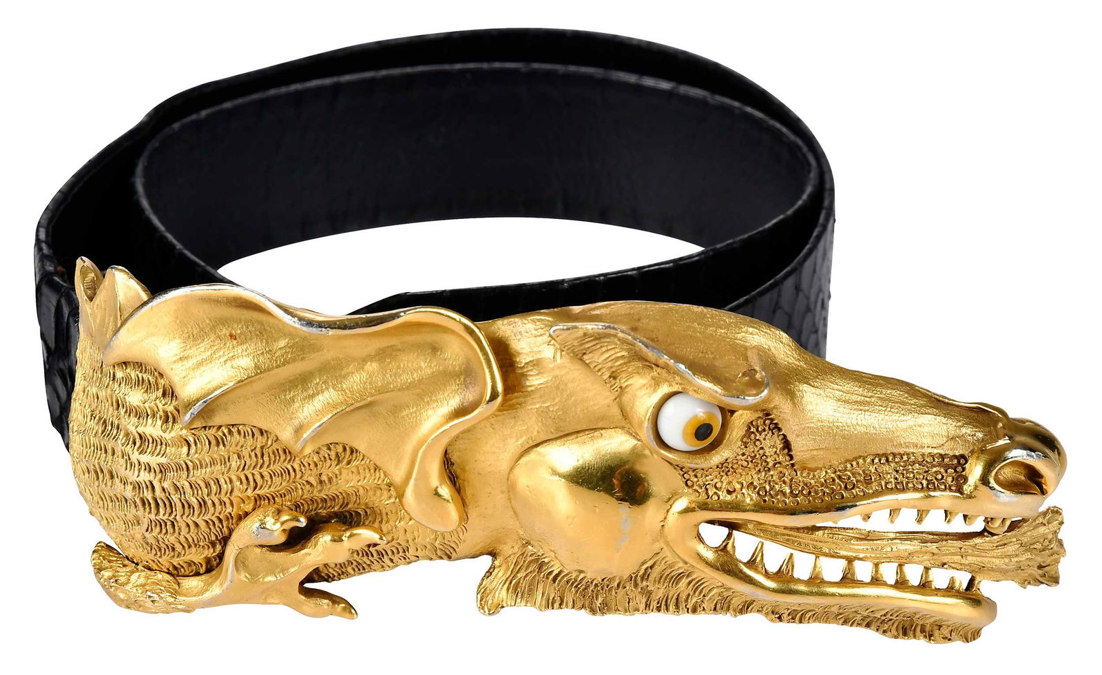 Christopher Ross 24kt. Gold Plated Dragon Belt: New York, 1980, signed and dated verso, 2-1/2 x 6-1/2 x 1-1/2 in., with black python belt, 37-1/2 in. overall Provenance: Private Collection