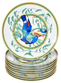 Nine Hermes Toucans Porcelain Dinner Plates: French, 20th century, each marked on base, 1-1/4 x 10-3/4 x 10-3/4 in. Provenance: Private Collection, North Carolina
