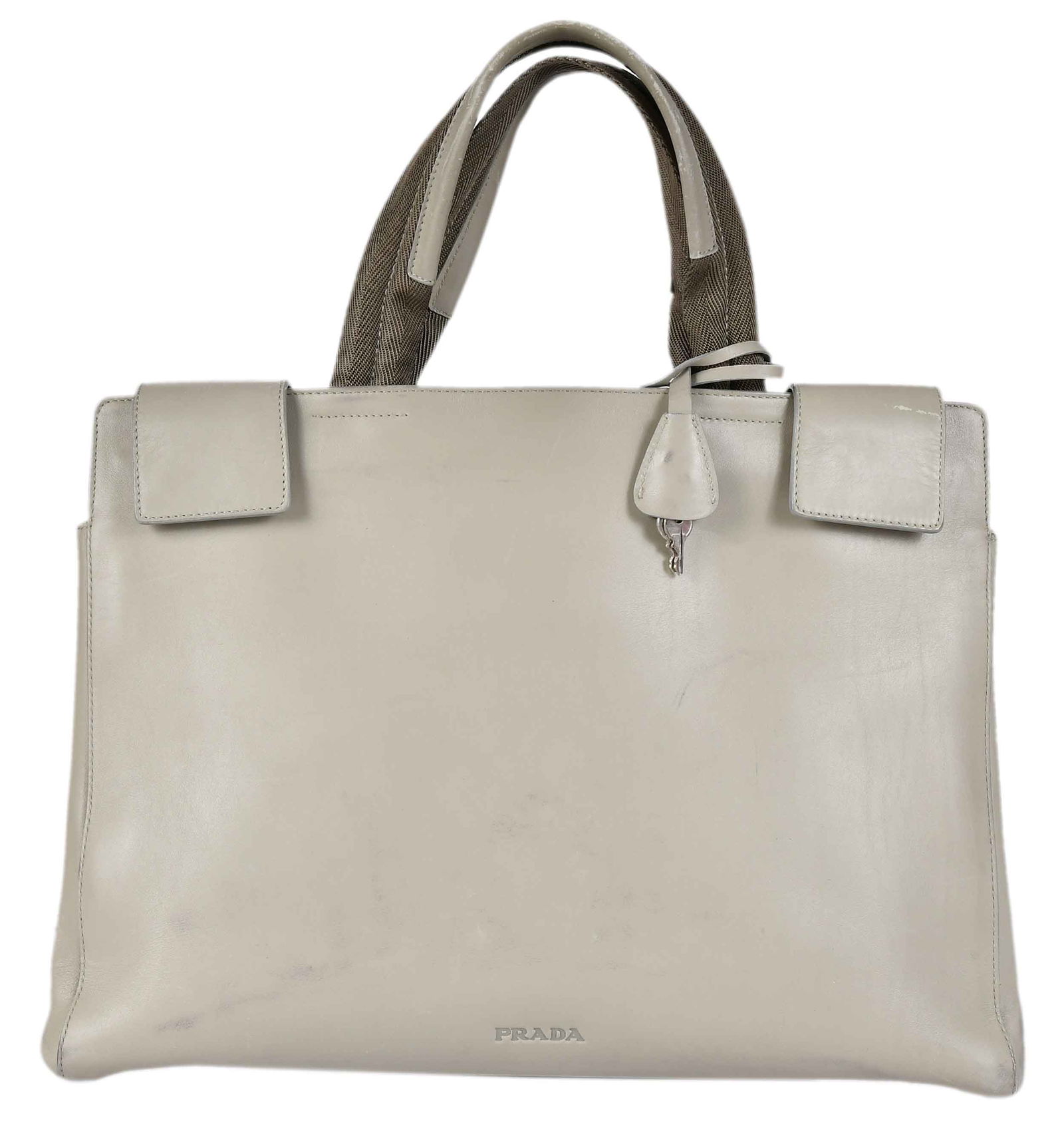 Prada Gray Leather Handbag: Italy, silver tone hardware, 10-1/2 x 15 x 5 in., handle drop 5-1/4 in. Provenance: Private Collection