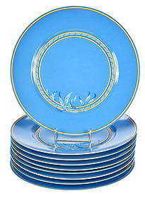 Nine Hermes Blue Toucans Porcelain Dinner Plates: French, 20th century, marked on bases, 1-1/4 x 12 x 12 in. Provenance: Private Collection, North Carolina