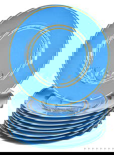 Nine Hermes Blue Toucans Porcelain Dinner Plates: French, 20th century, marked on bases, 1-1/4 x 12 x 12 in.Provenance: Private Collection, North