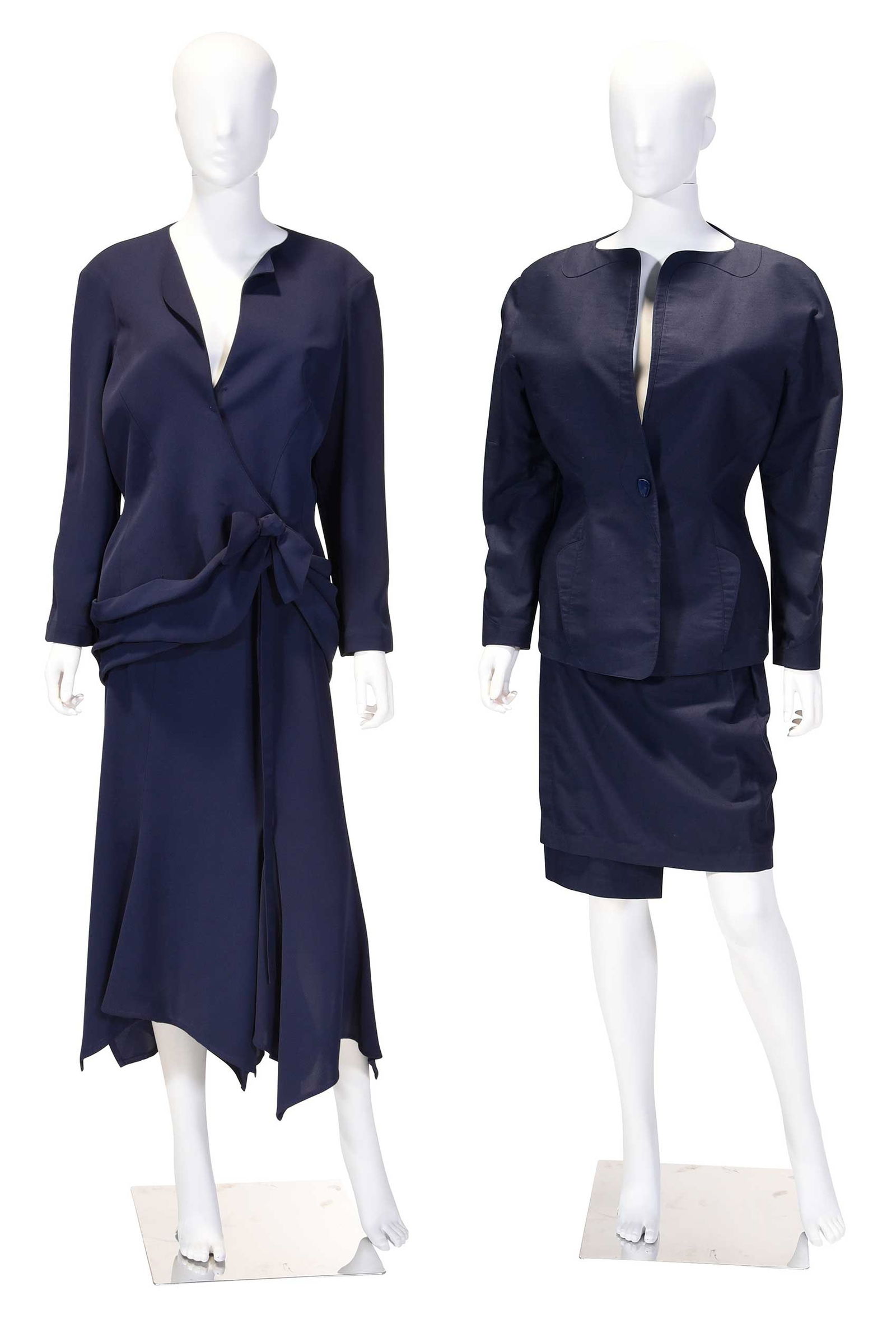 Two Thierry Mugler Cobalt Skirt Suits: Paris, single button blazer with scrolled neckline and matching pencil skirt, both tagged size "40"; wrap blazer with matching handkerchief shirt, blazer shoulder 17-1/2 in., length 28 in., pit to cuf