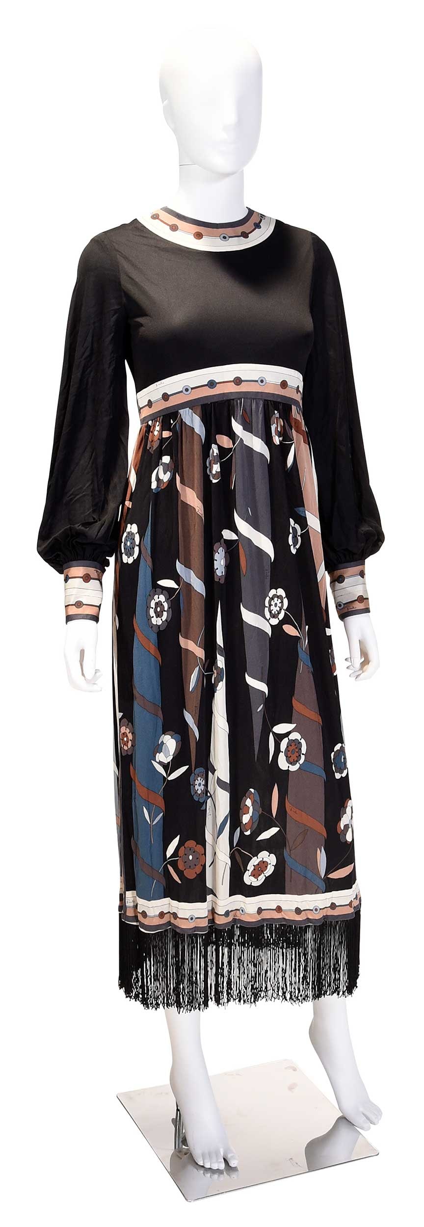 Emilio Pucci Empire Waist Dress: Italy, tassel hem, tagged size "10", shoulder 14-1/4 in., pit to cuff 20 in., waist 26 in., length 49 in. Provenance: Private Collection