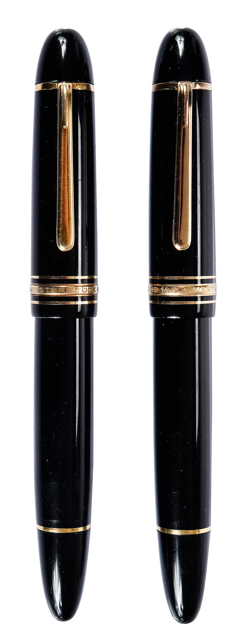 Two Montblanc-Meisterstuck 149 Fountain Pens: both with black resin caps and barrels, gold plated trim, cap bands marked "MONTBLANC-MEISTERSTUCK No. 149", one nib marked "4810/18C/MONTBLANC/750" and the other "4810/14C/MONTBLANC/585", both 5-3/4