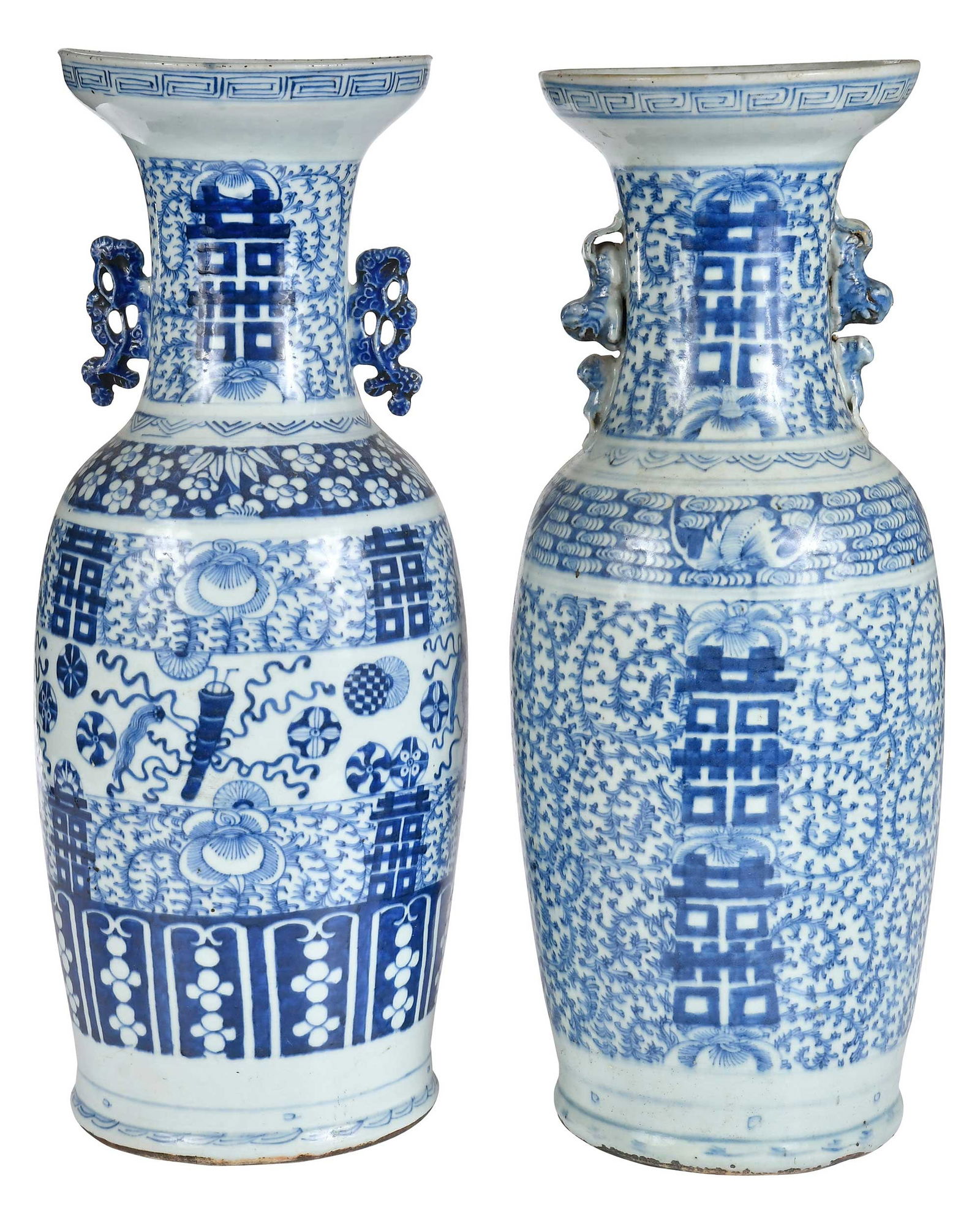 Two Large Chinese Blue and White Porcelain Double Happiness Vases
