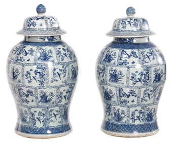 Pair of Chinese Porcelain Blue and White Temple Jars