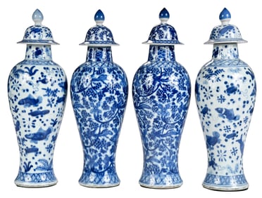 Two Pairs of Chinese Porcelain Blue and White Lidded Vases