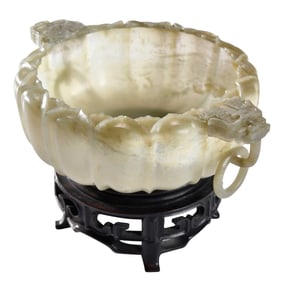 Chinese Carved Artichoke Green Jade Lotus Form Bowl