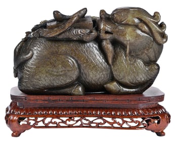 Dark Green Jade Mythical Beast on Wooden Base