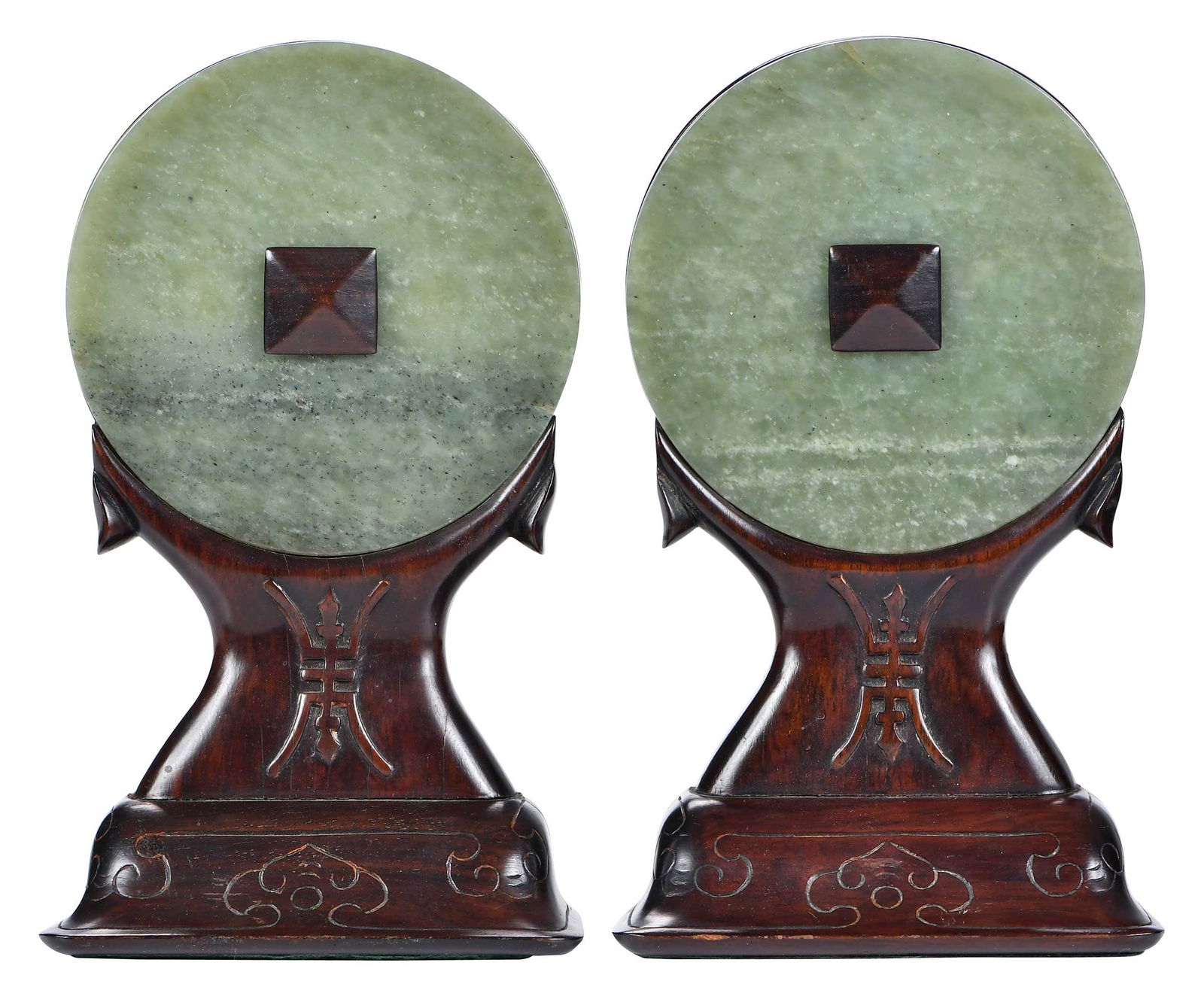 Pair of Chinese Carved Wood Bookends with Jade Bi: 7-1/2 x 4-1/2 x 1-7/8 in. Note: These items tested as nephrite on the Presidium Gem Tester II.