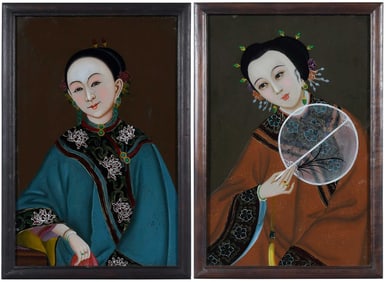 Pair of Chinese Export Reverse Painted Glass Portraits