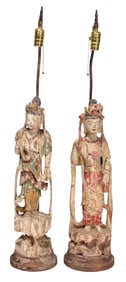 Pair of Asian Carved and Polychromed Wood Figures Mounted as Lamps