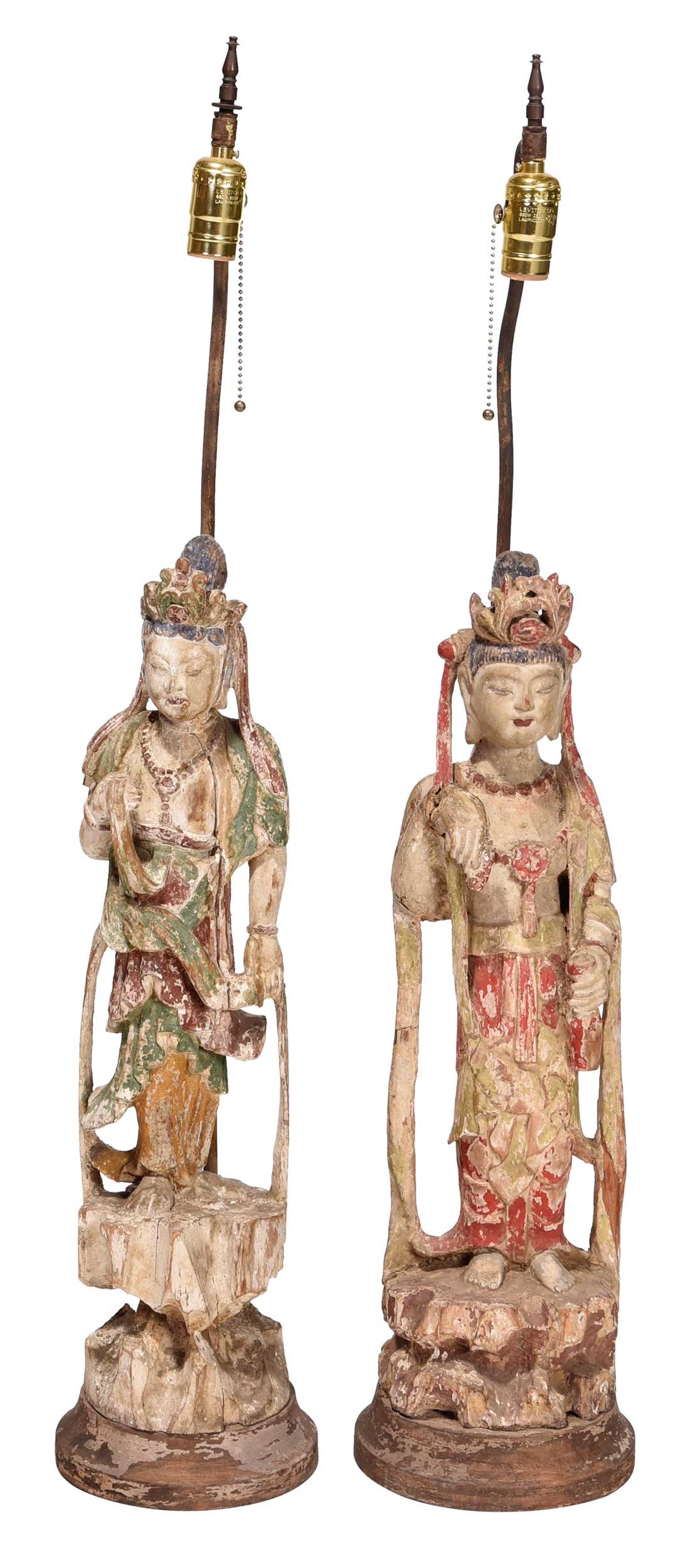 Pair of Asian Carved and Polychromed Wood Figures Mounted as Lamps: 19th century, each approx. 37 x 7-1/2 x 7-1/2 in., wired for electricity Provenance: Private Collection, Savannah, Georgia