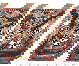 Pair of Chinese Polychrome Dragon Architectural Elements: carved support panels painted in black, red, and gilt, metal bases, posts to top, with lot labels from "I.M. Chait ", 22-1/2 x 13-1/4 x 3-5/8 in. Provenance: Sold through I.M. Chait Gallery and Auctio