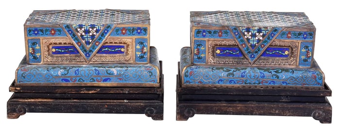 Pair of Large Chinese Cloisonne Stands with Wood Stands