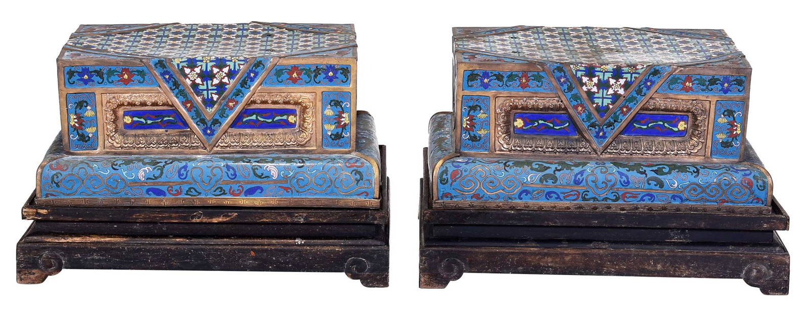 Pair of Large Chinese Cloisonne Stands with Wood Stands
