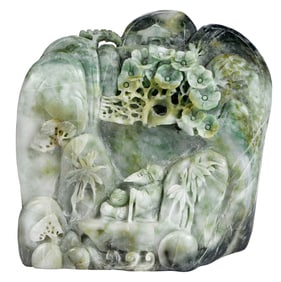 Chinese Carved Jade Boulder with Landscape Scene