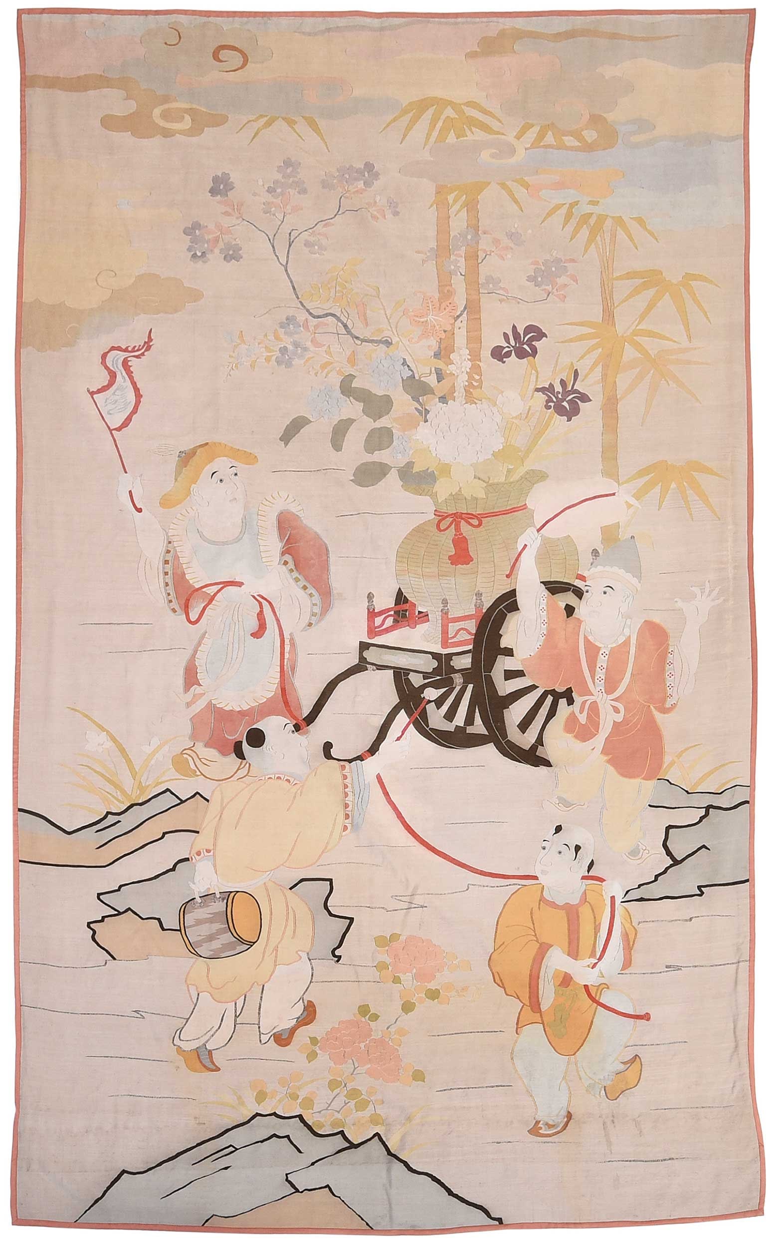 Large Woven and Painted Silk Japonesque Tapestry
