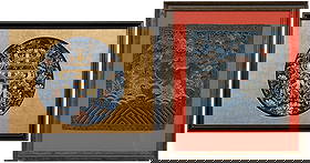 Two Chinese Framed Textiles, Rank Badge: late Qing dynasty, rank badge with foo dog, frame, 17 x 16 x 1 in.; silk needlework with character in gold thread, two dragons, peonies, frame 17 x 21-1/2 x 1 in. Provenance: Private Collection, Green