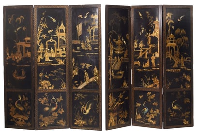 Chinese Black Lacquered Six Panel Floor Screen