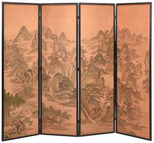 Chinese Four Panel Silk Floor Screen