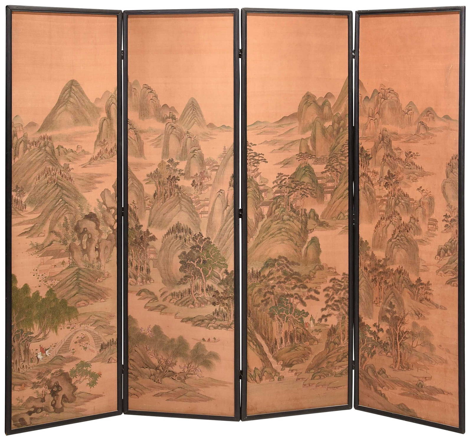 Chinese Four Panel Silk Floor Screen