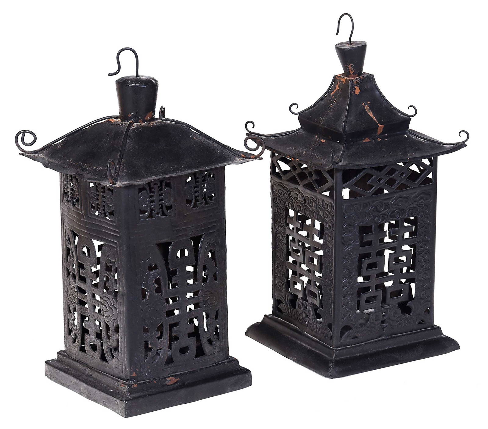 Two Chinese Black Painted Metal Hall Lanterns