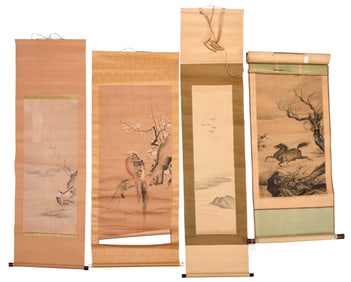 Four Hand Painted Asian Scrolls, Animals