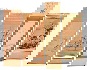 Four Hand Painted Asian Scrolls, Animals: Chinese and Japanese, 19th/20th century, horse; geese in flight; falcon, with ivory caps; sparrow; largest 45-1/2 x 23-1/4 in. Provenance: Estate of Gary L. Johnson, Virginia Note: This lot contains a