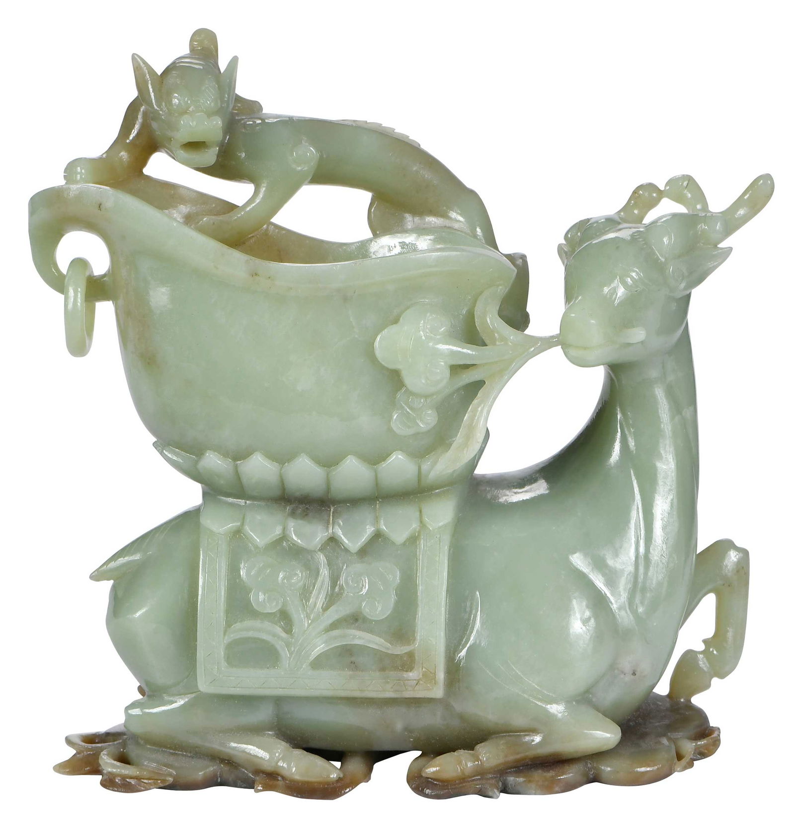 Carved Figural Jade Vase: stag form figure with ruyi decorated saddle, vessel on back with chilong, 8-1/2 x 8 in. Provenance: Private Collection Note: This object tests as Jadeite on the Presidium Gem Tester II.