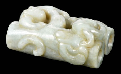 Chinese Carved Light Celadon Jade Double Toggle