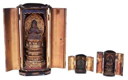 Three Japanese Black Lacquered and Brass Mounted Shrine Cabinets