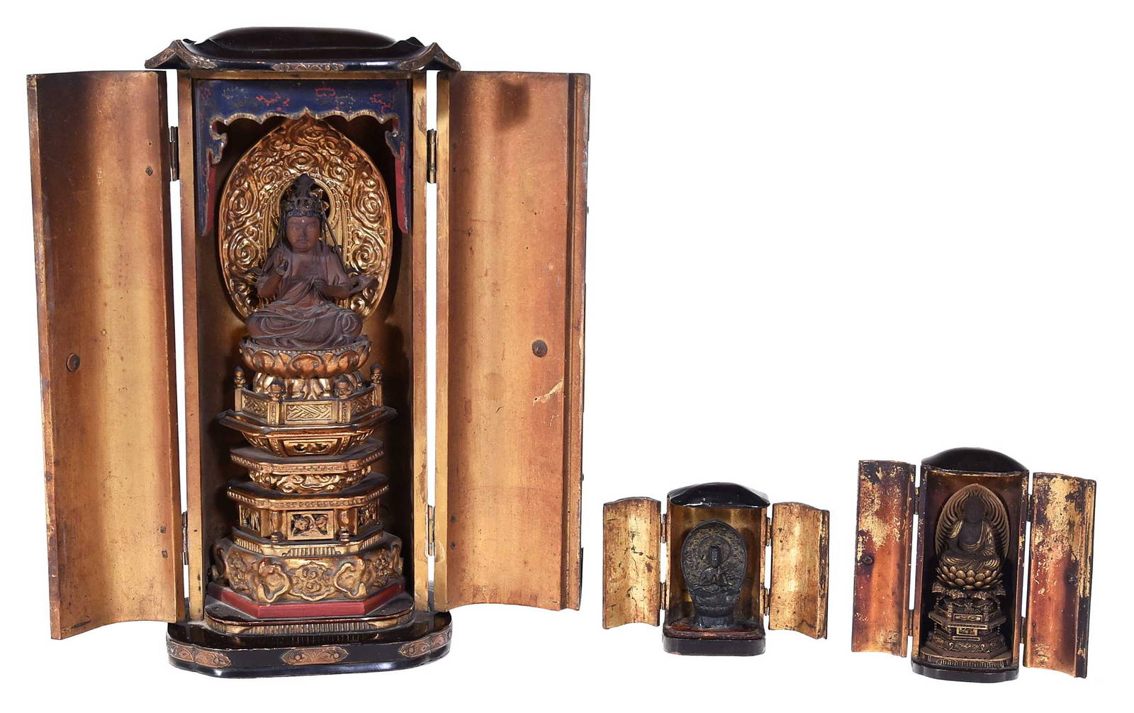 Three Japanese Black Lacquered and Brass Mounted Shrine Cabinets