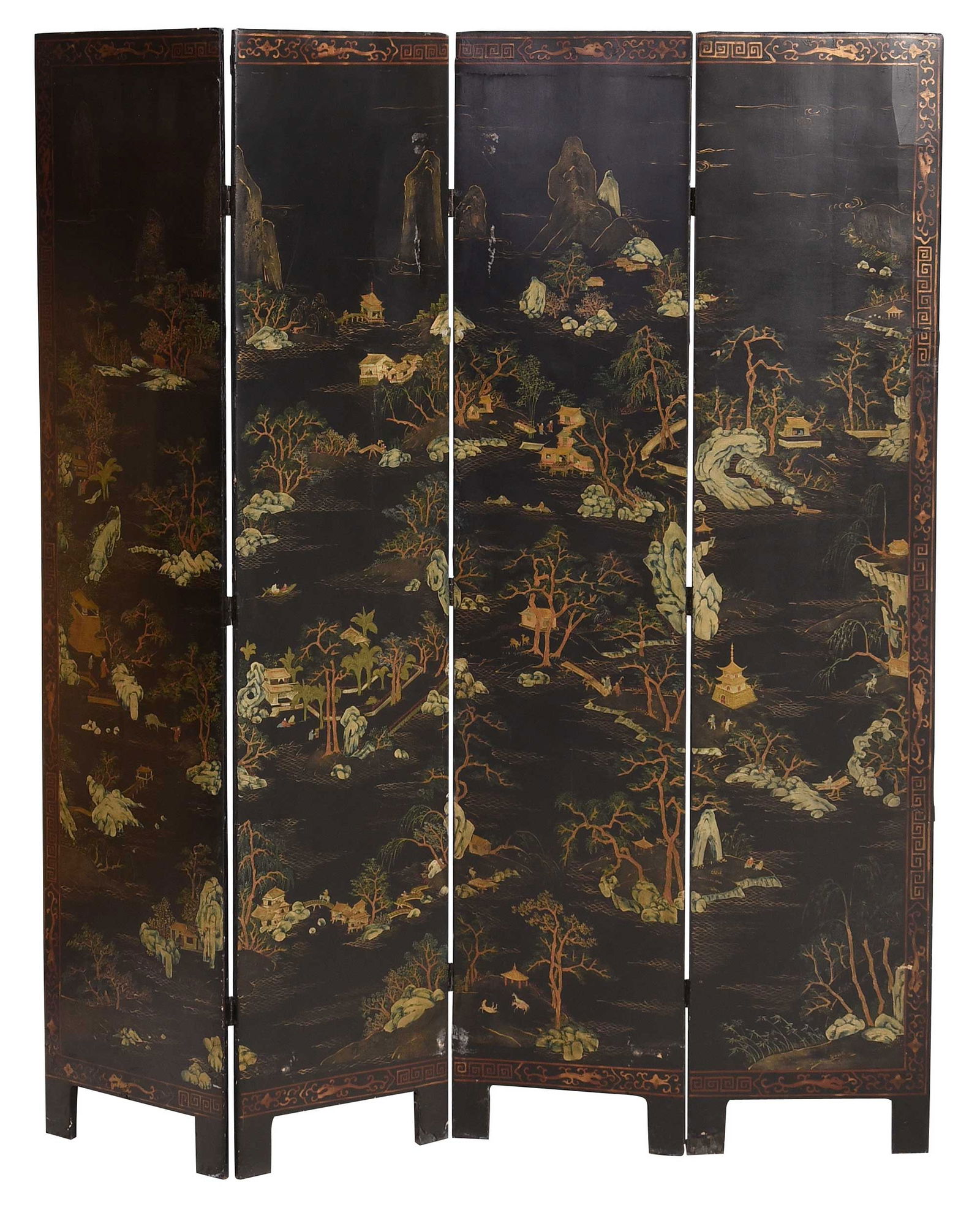 Chinese Four Panel Black Lacquered Floor Screen (1 of 7)