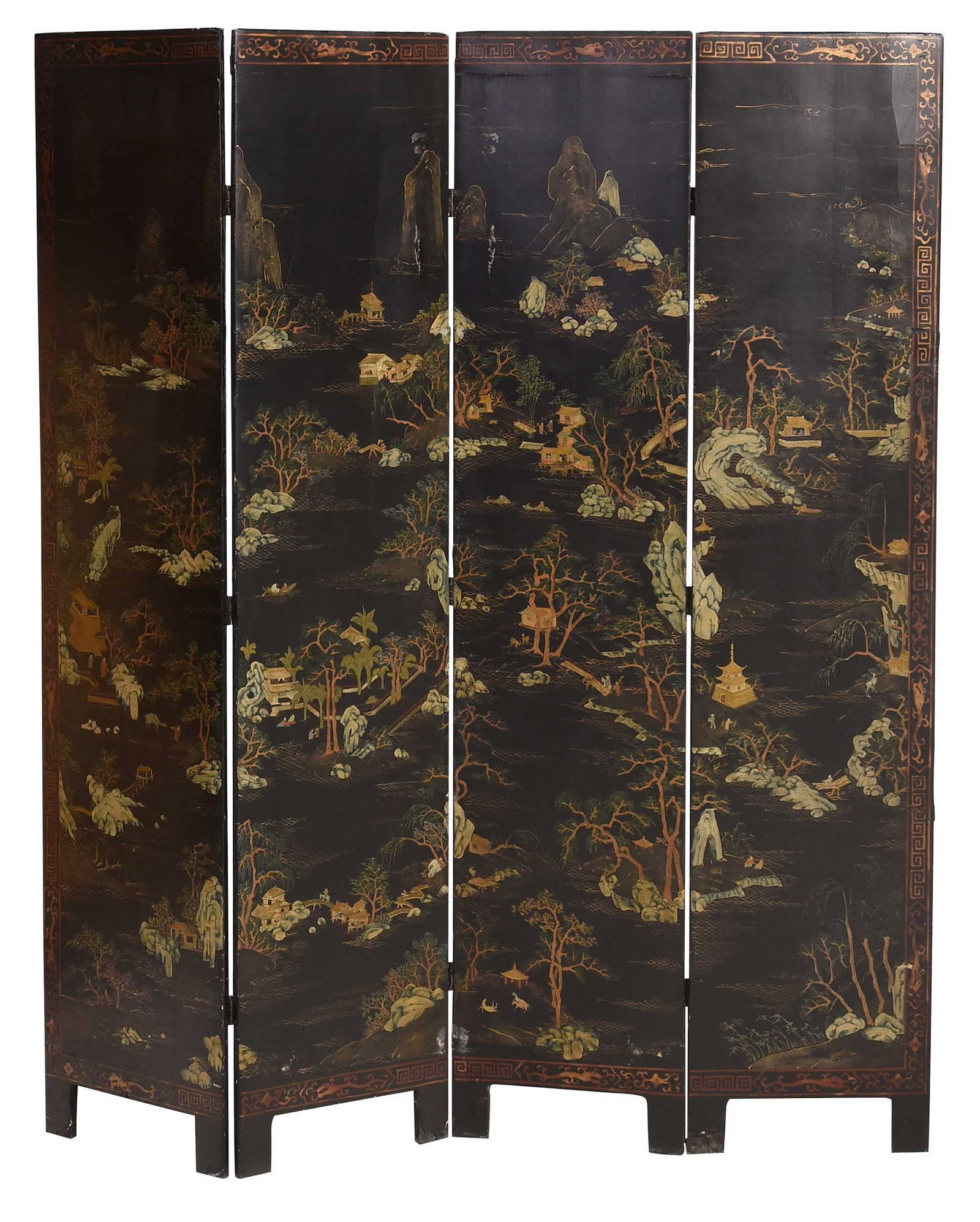 Chinese Four Panel Black Lacquered Floor Screen