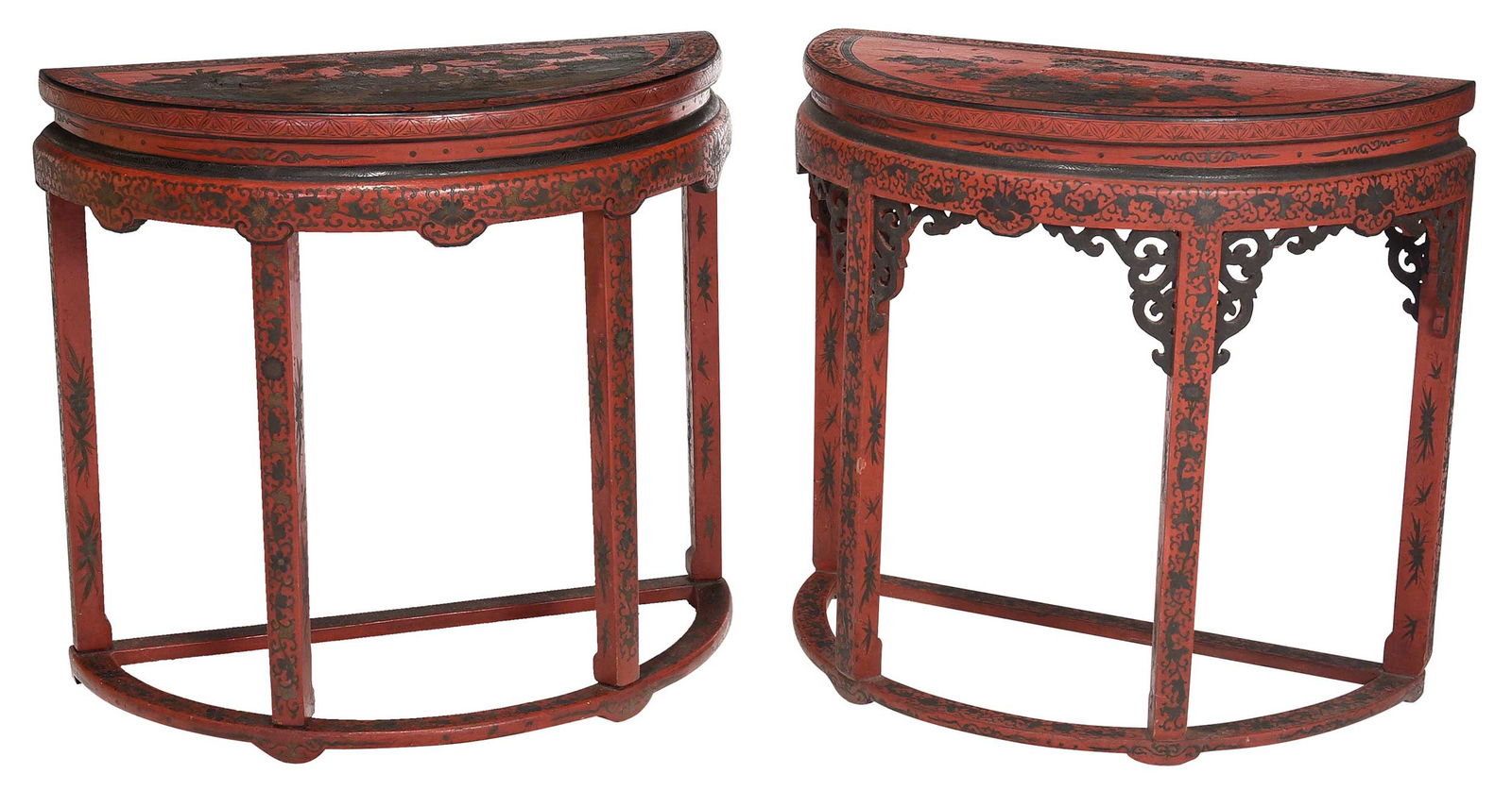 Pair of Chinese Red Lacquer Decorated Demilune Tables (1 of 6)